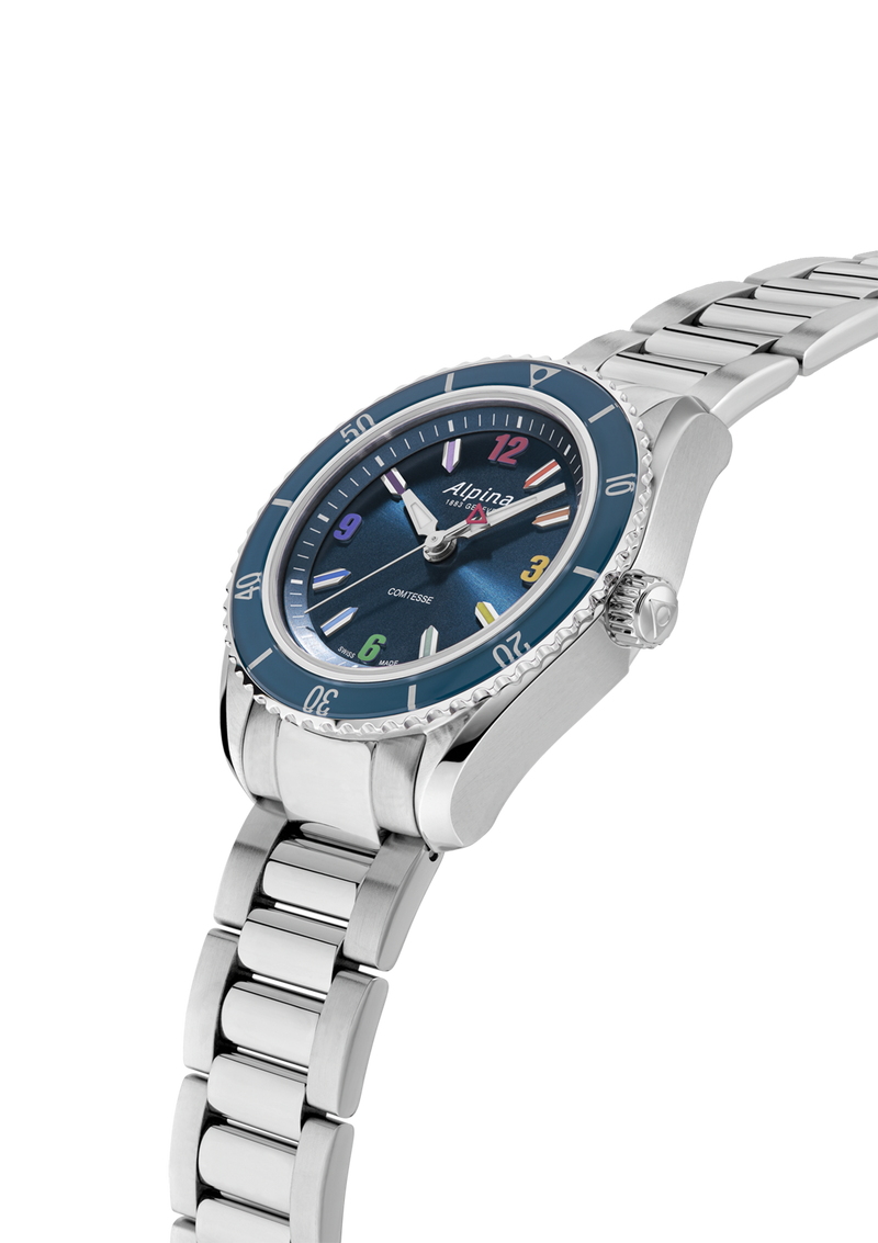 Stainless steel wristwatch with a blue bezel and dark face.