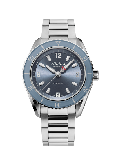 Stainless steel wristwatch with a blue-gray dial and bezel.