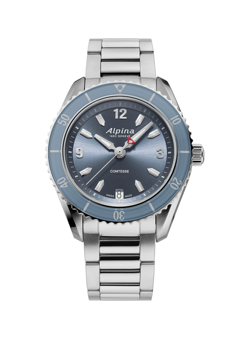 Stainless steel wristwatch with a blue-gray dial and bezel.