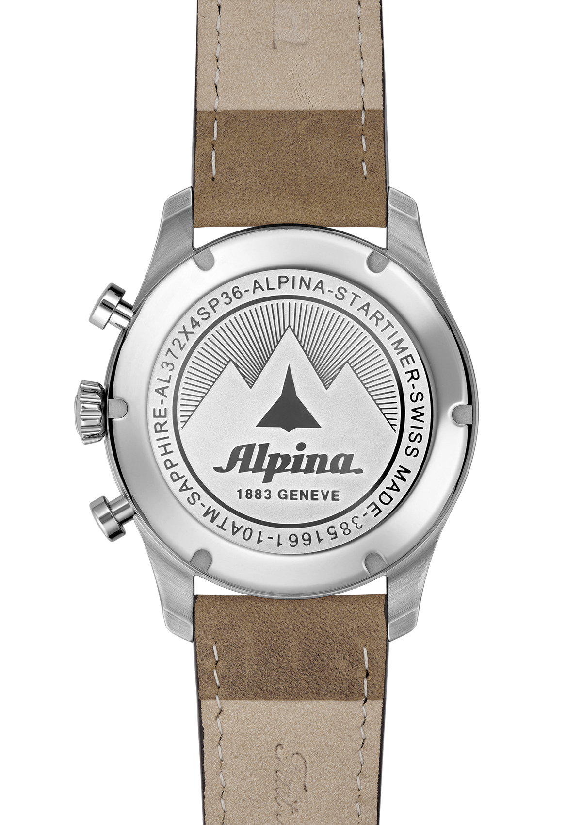 Back of a silver Alpina wristwatch with a brown leather strap.