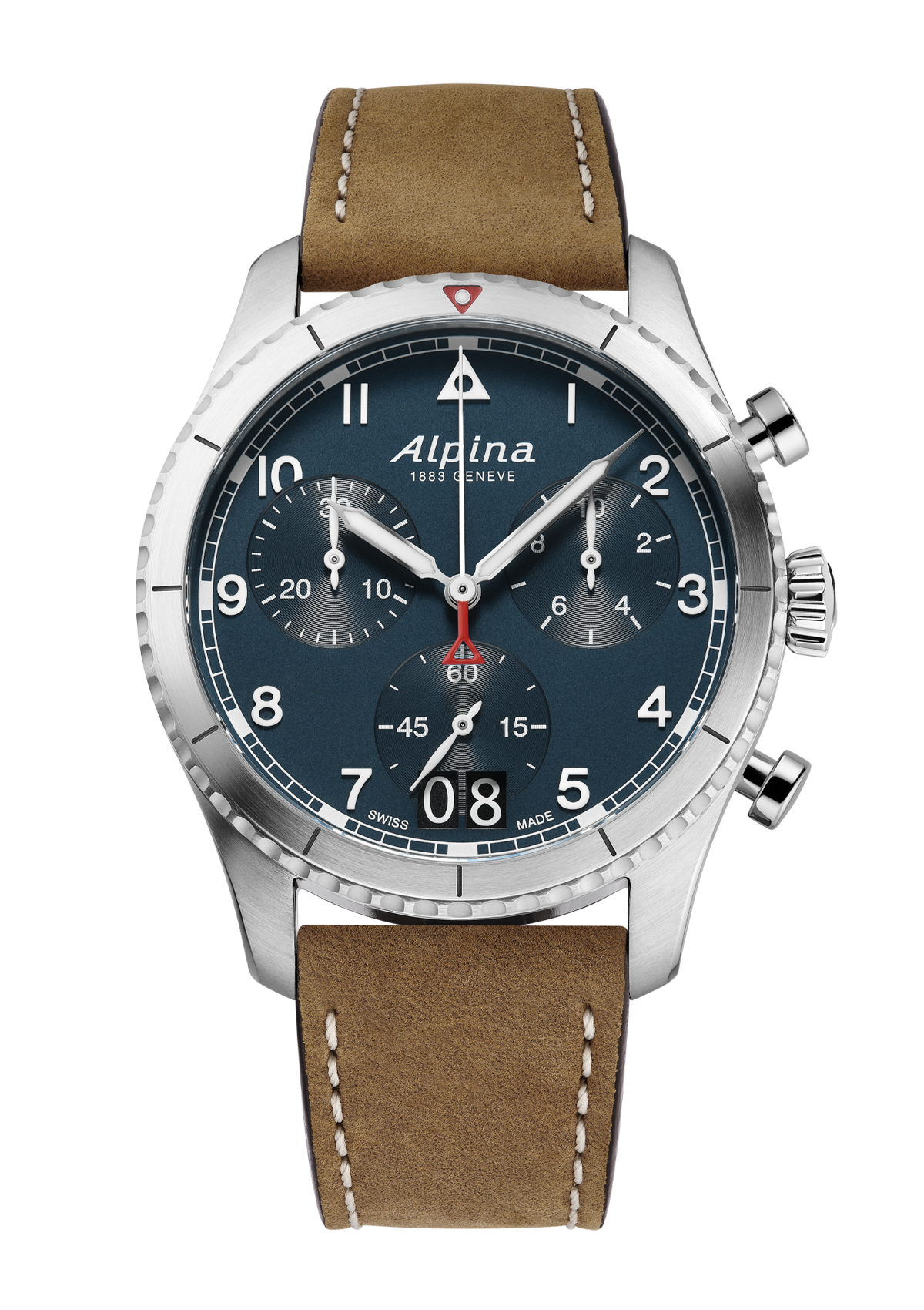 Alpina wristwatch with a blue dial, silver case, and brown leather strap.