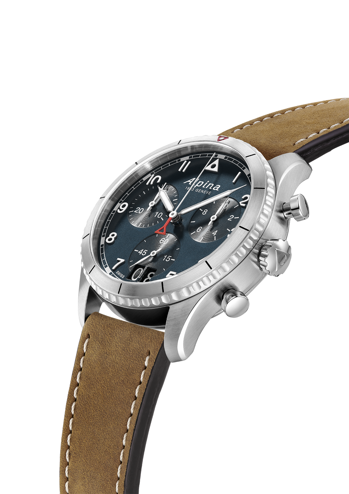 Wristwatch with a blue dial, silver case, and brown leather strap.