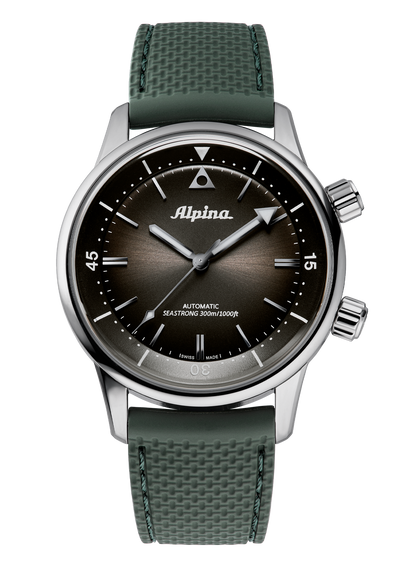 Alpina wristwatch with a green strap and dark gray dial.