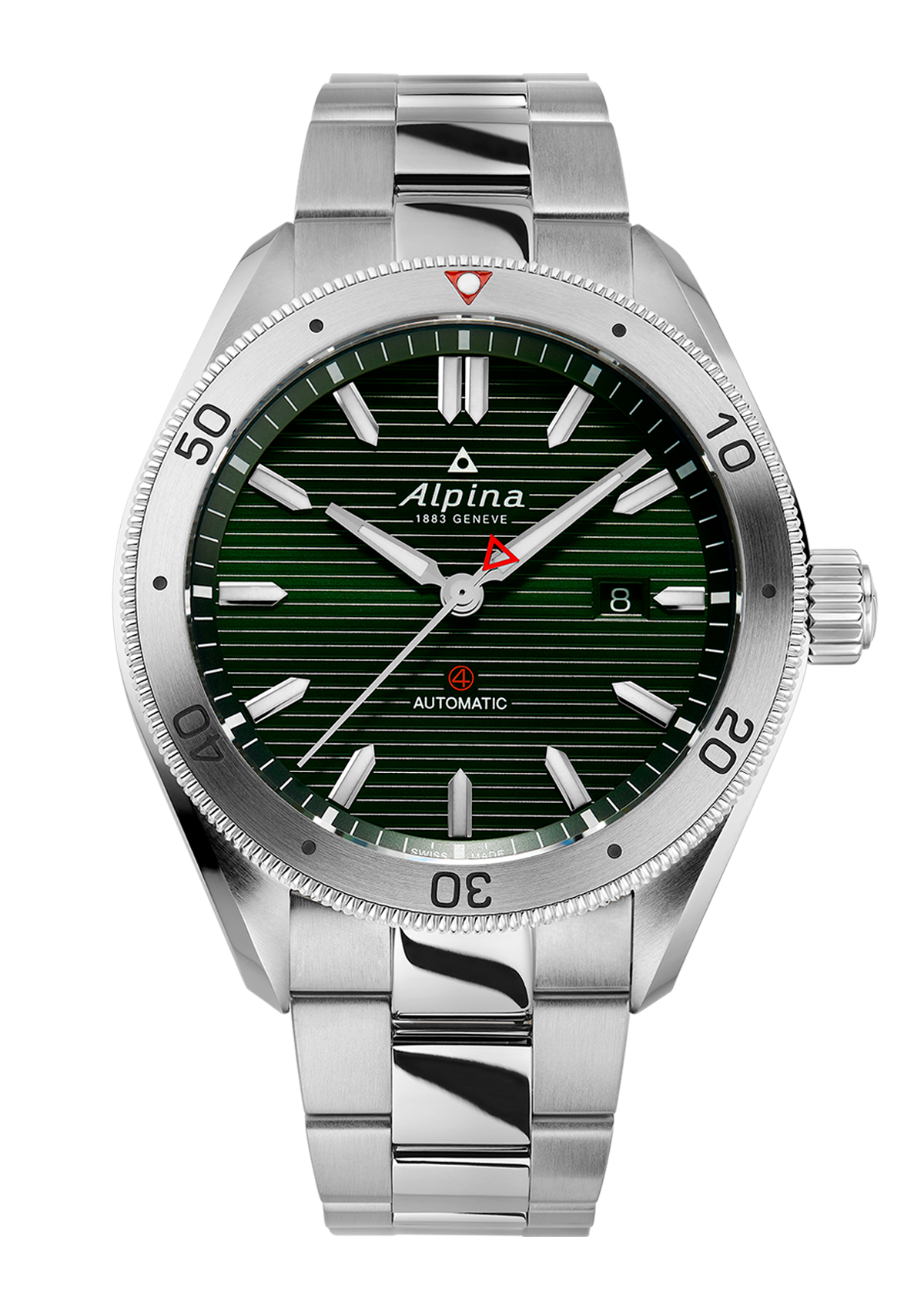 Stainless steel wristwatch with a green dial and rotating bezel.