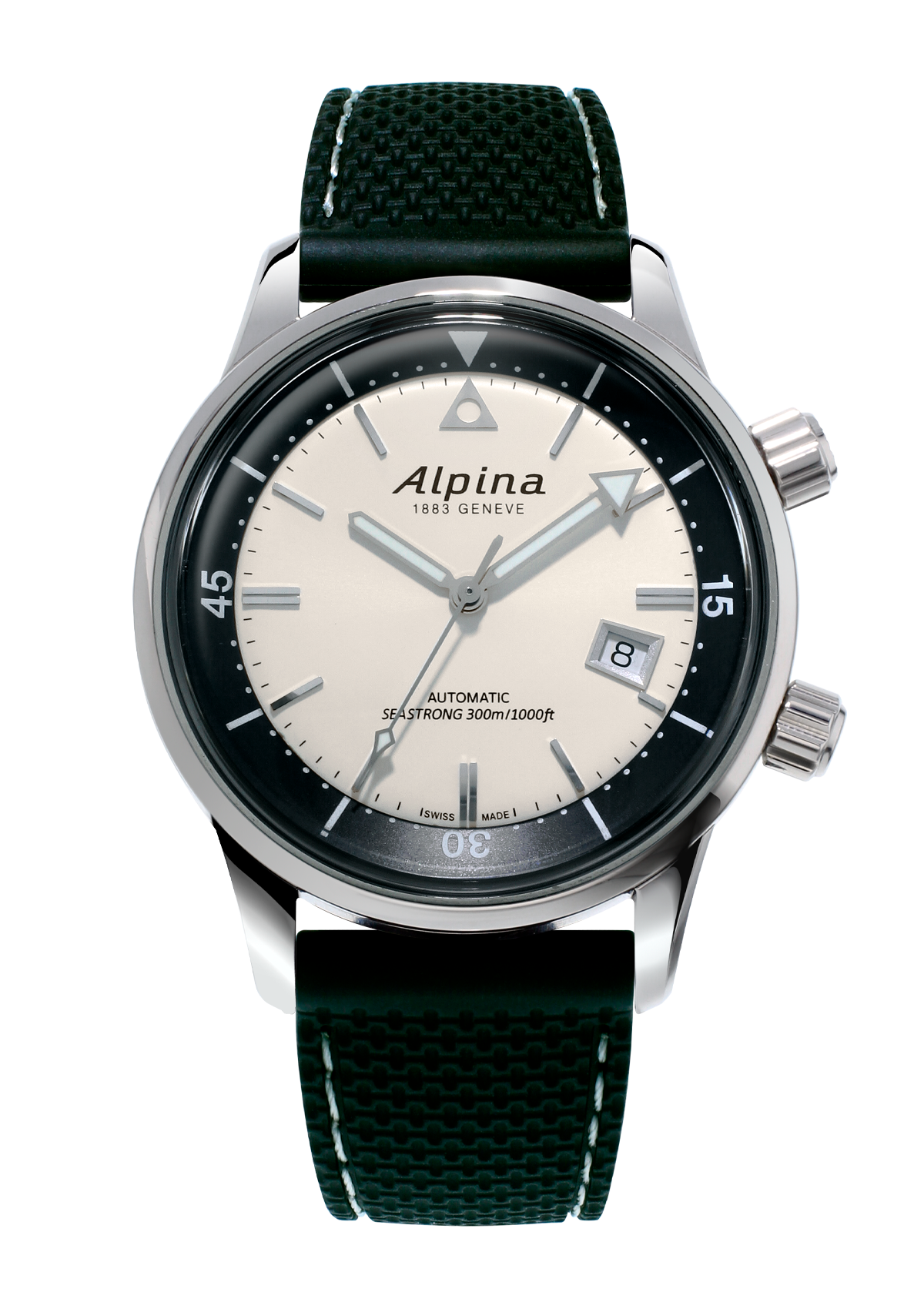 Alpina wristwatch with a black bezel, white dial, and green fabric strap.