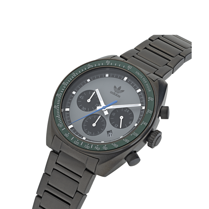 Sleek black wristwatch with a green bezel and three subdials on its face.