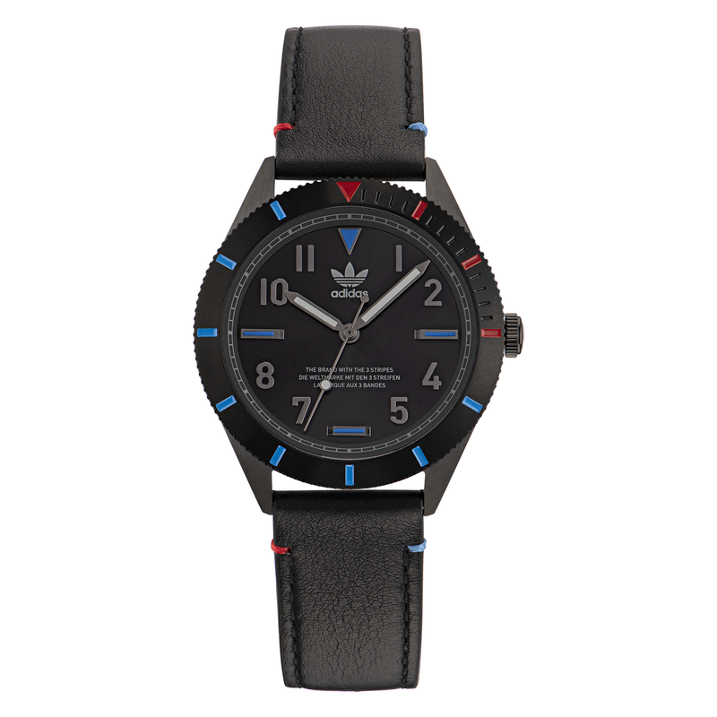 Black Adidas wristwatch with colorful hour markers on the bezel.