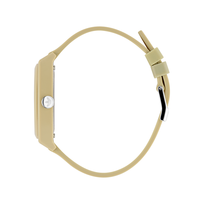 Beige wristwatch with a minimalist square face and matching strap.