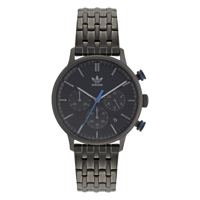 Dark metallic wristwatch with a chronograph dial and linked bracelet.