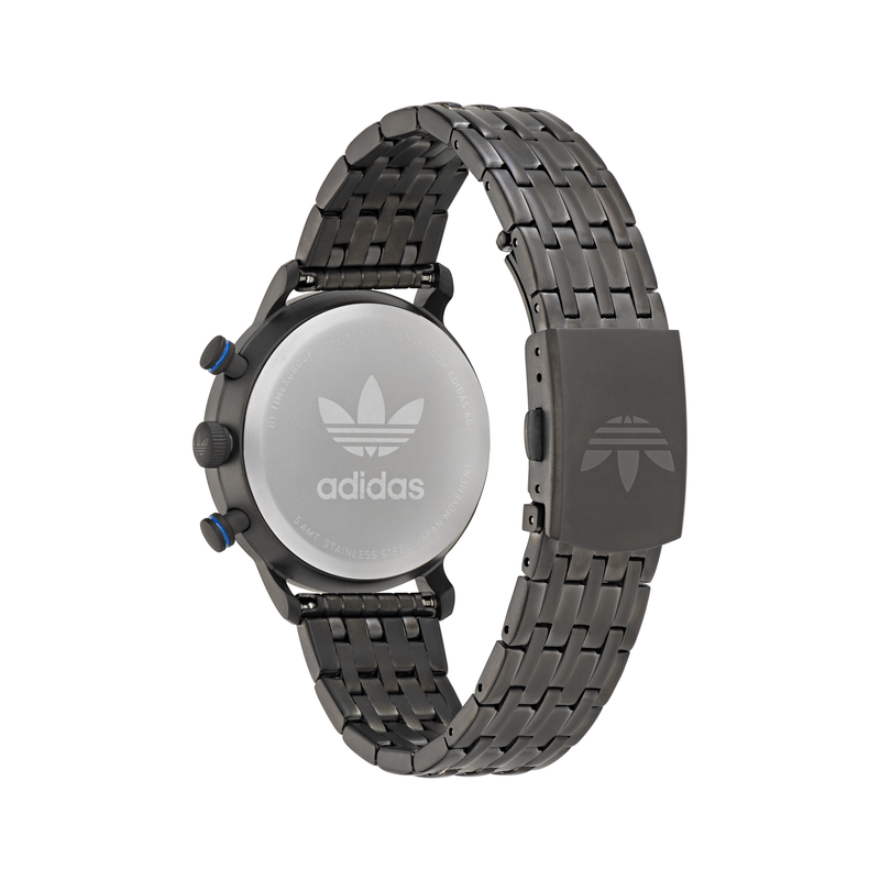 Adidas-branded wristwatch with a dark metal link band.