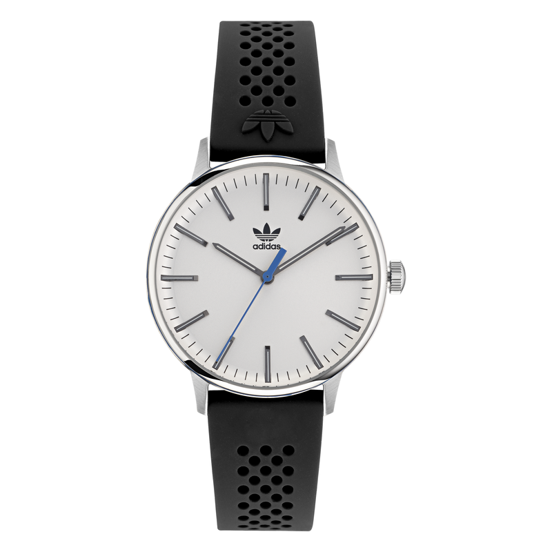 Sleek wristwatch with a white dial, silver case, and perforated black strap.