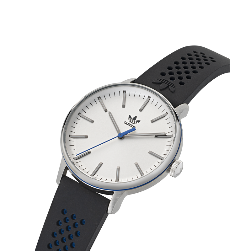 Wristwatch with a white face, silver case, and black perforated strap.