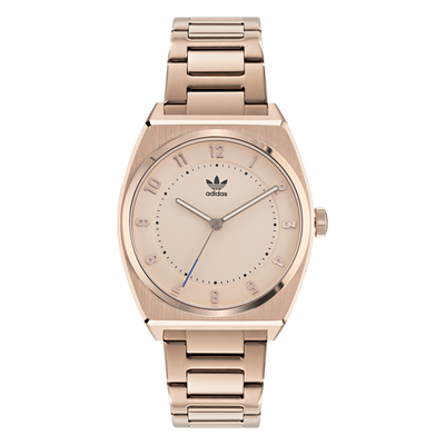 Rose gold-toned wristwatch with Adidas logo on the dial and metal bracelet.