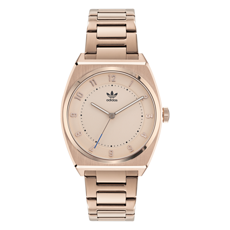 Rose gold-toned wristwatch with Adidas logo on the dial and metal bracelet.