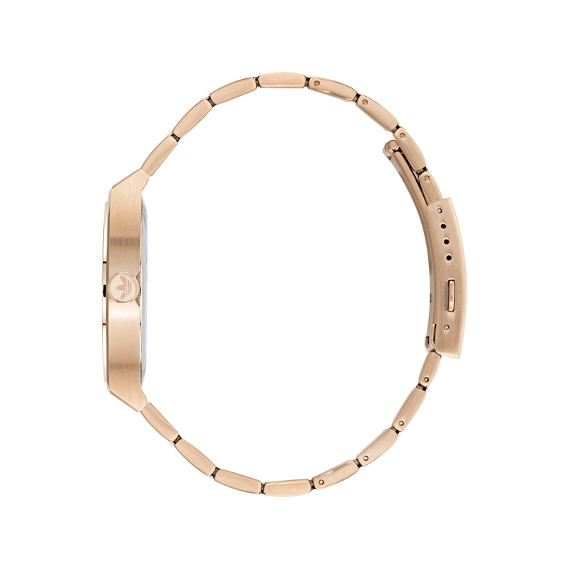 Rose gold wristwatch with a sleek metal band and minimalist round face.