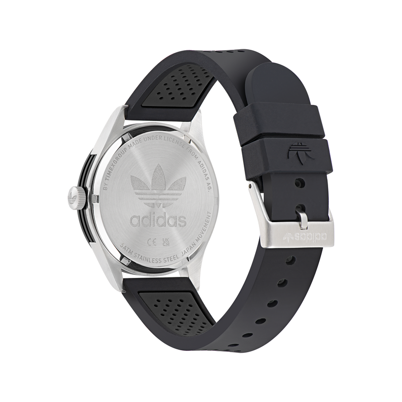 Adidas wristwatch with a black rubber strap and silver-toned case.