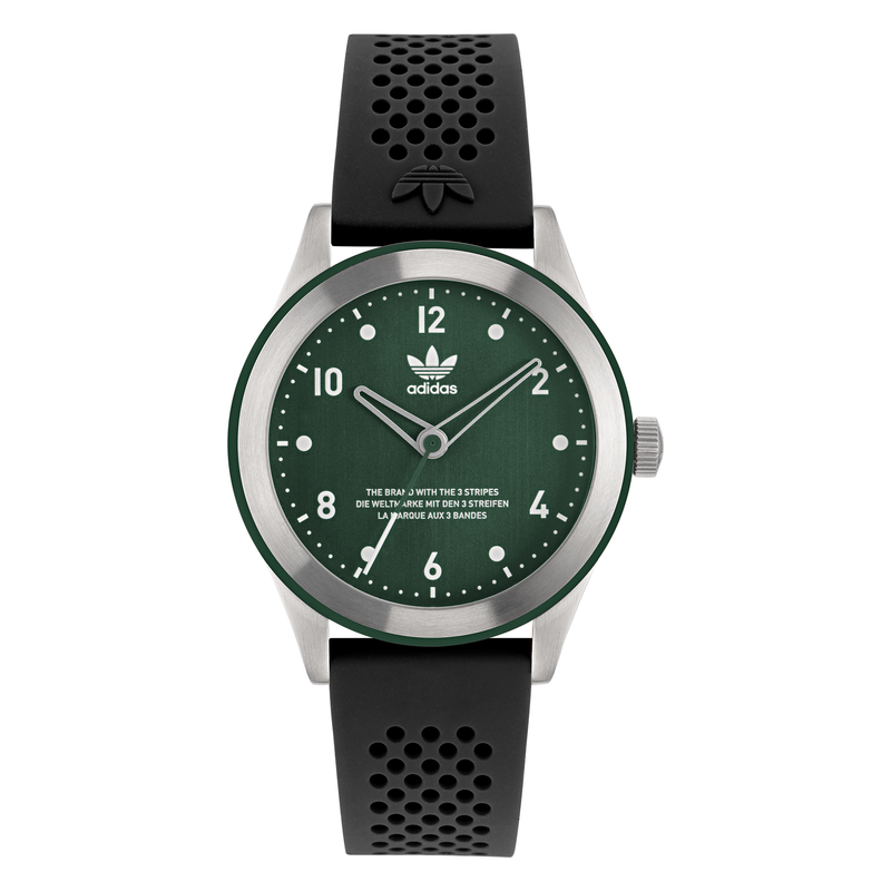 Adidas wristwatch with a green dial and black perforated strap.