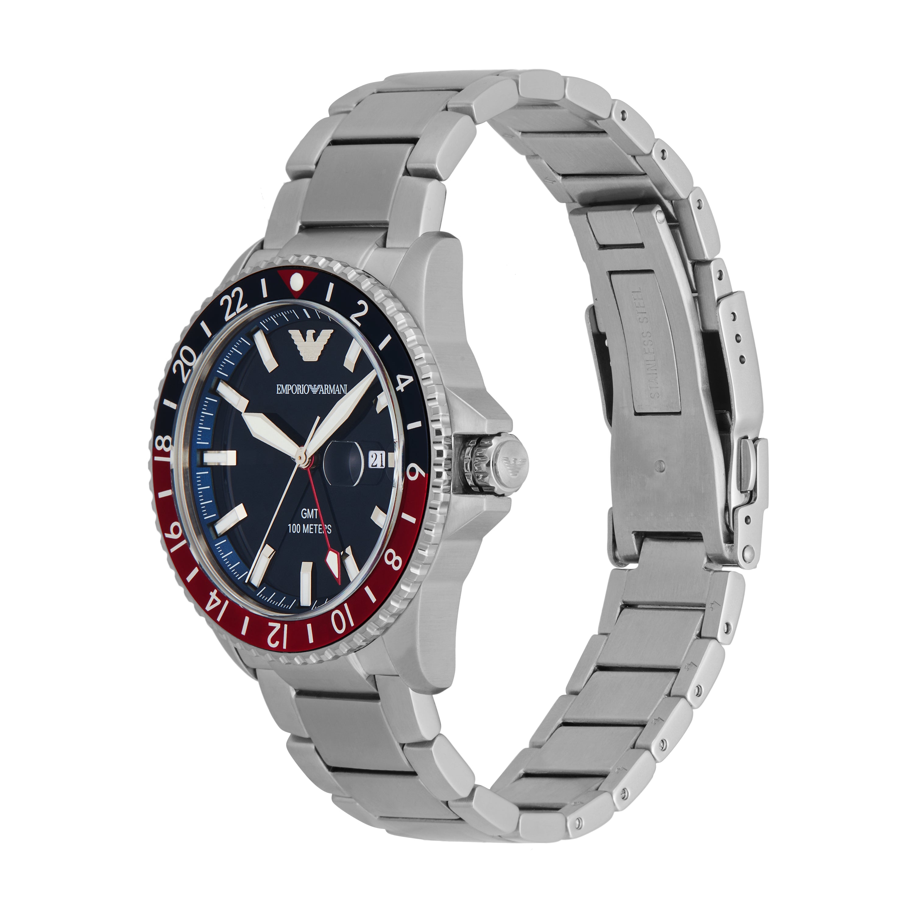 Emporio Armani GMT Blue Dial Mens Watch with Silver Steel Strap AR11590