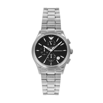 Emporio Armani Silver Steel Watch with Black Dial and Chronograph AR11602