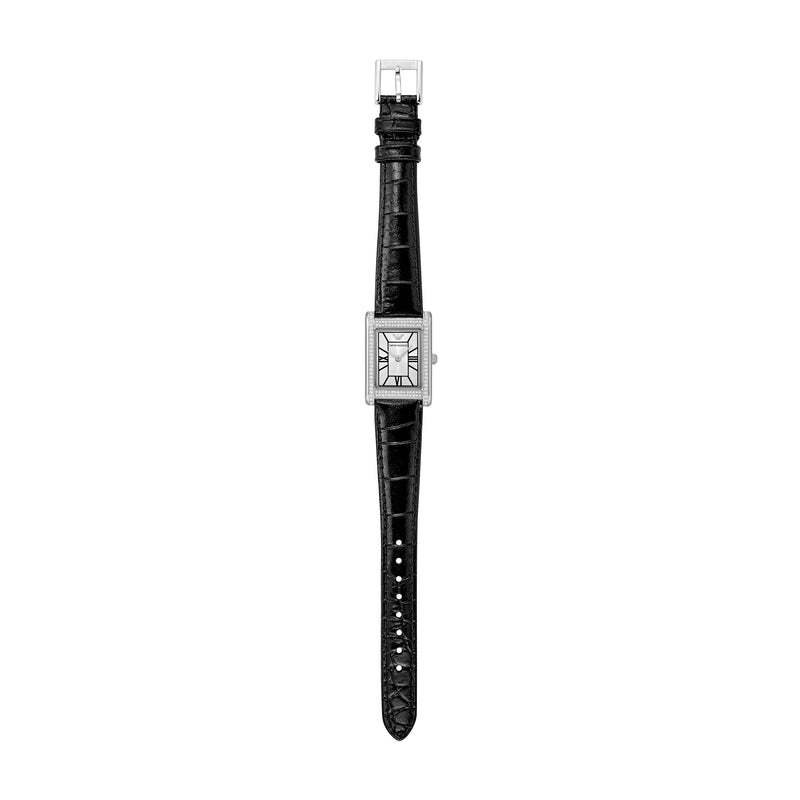 Emporio Armani Two-Hand Silver Dial Black Leather Strap Watch AR11623