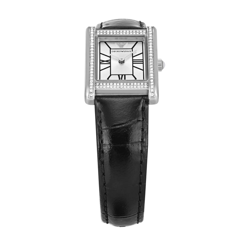 Emporio Armani Two-Hand Silver Dial Black Leather Strap Watch AR11623
