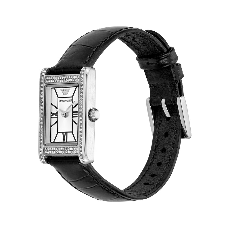 Emporio Armani Two-Hand Silver Dial Black Leather Strap Watch AR11623