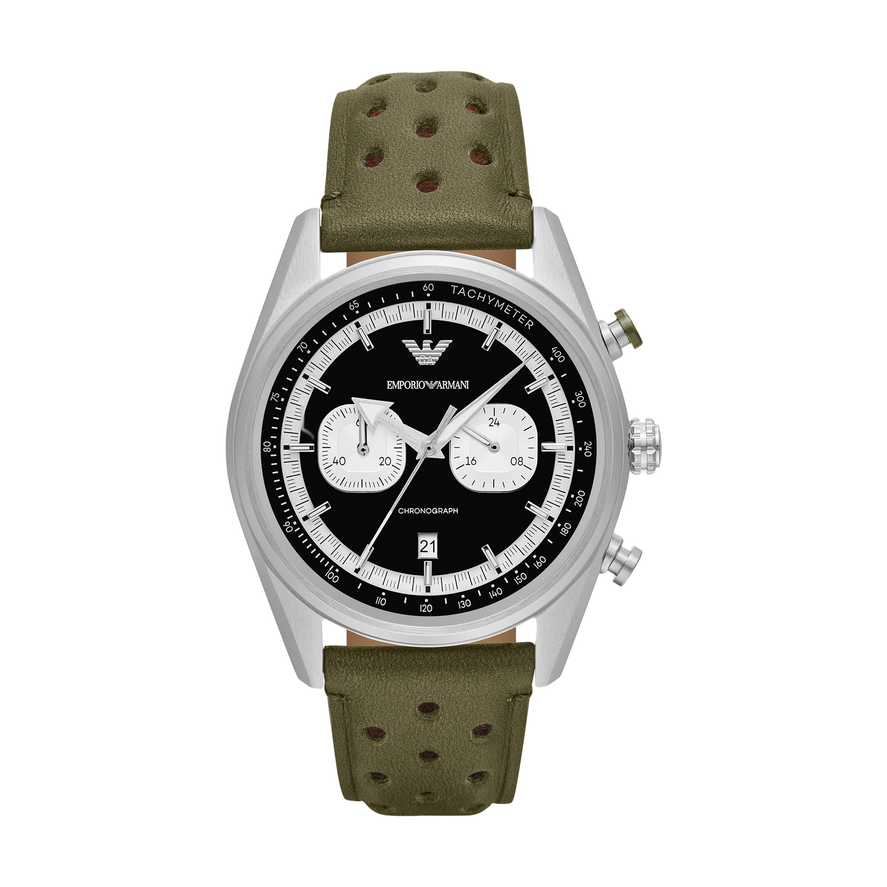 Armani Chronograph Green Leather Black Dial Watch AR11709