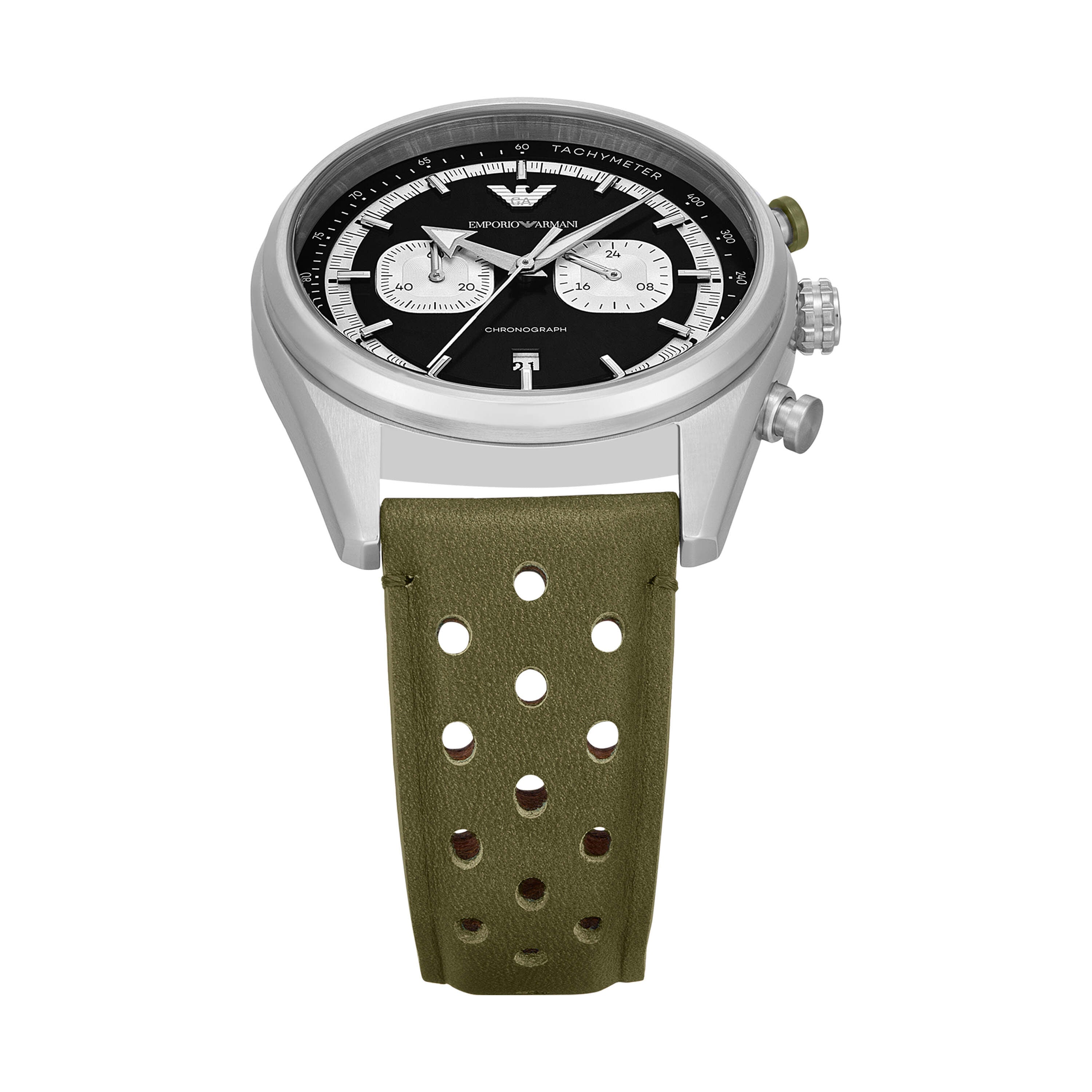 Armani Chronograph Green Leather Black Dial Watch AR11709