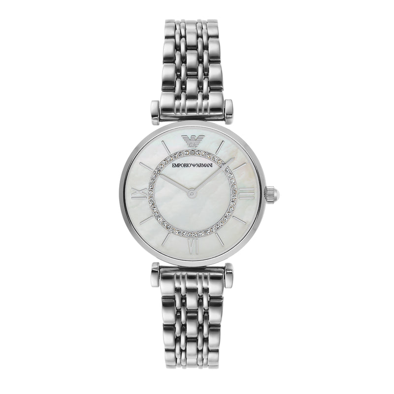 Elegant Armani Silver Stainless Steel Watch with Mother-of-Pearl Dial AR1908