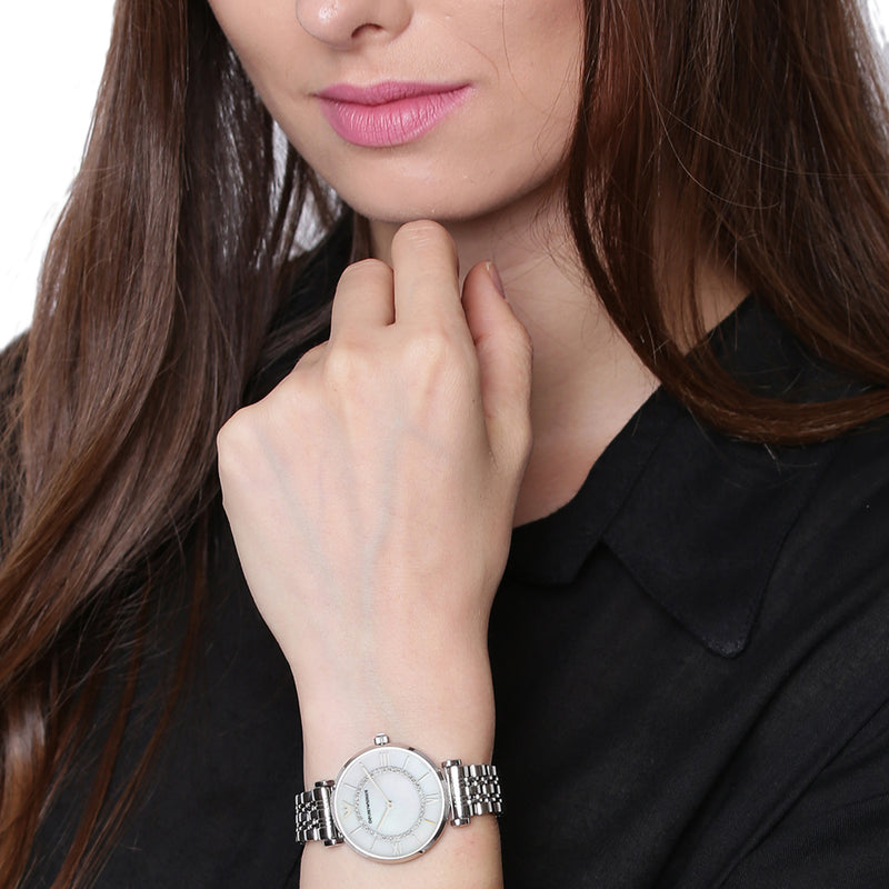 Elegant Armani Silver Stainless Steel Watch with Mother-of-Pearl Dial AR1908