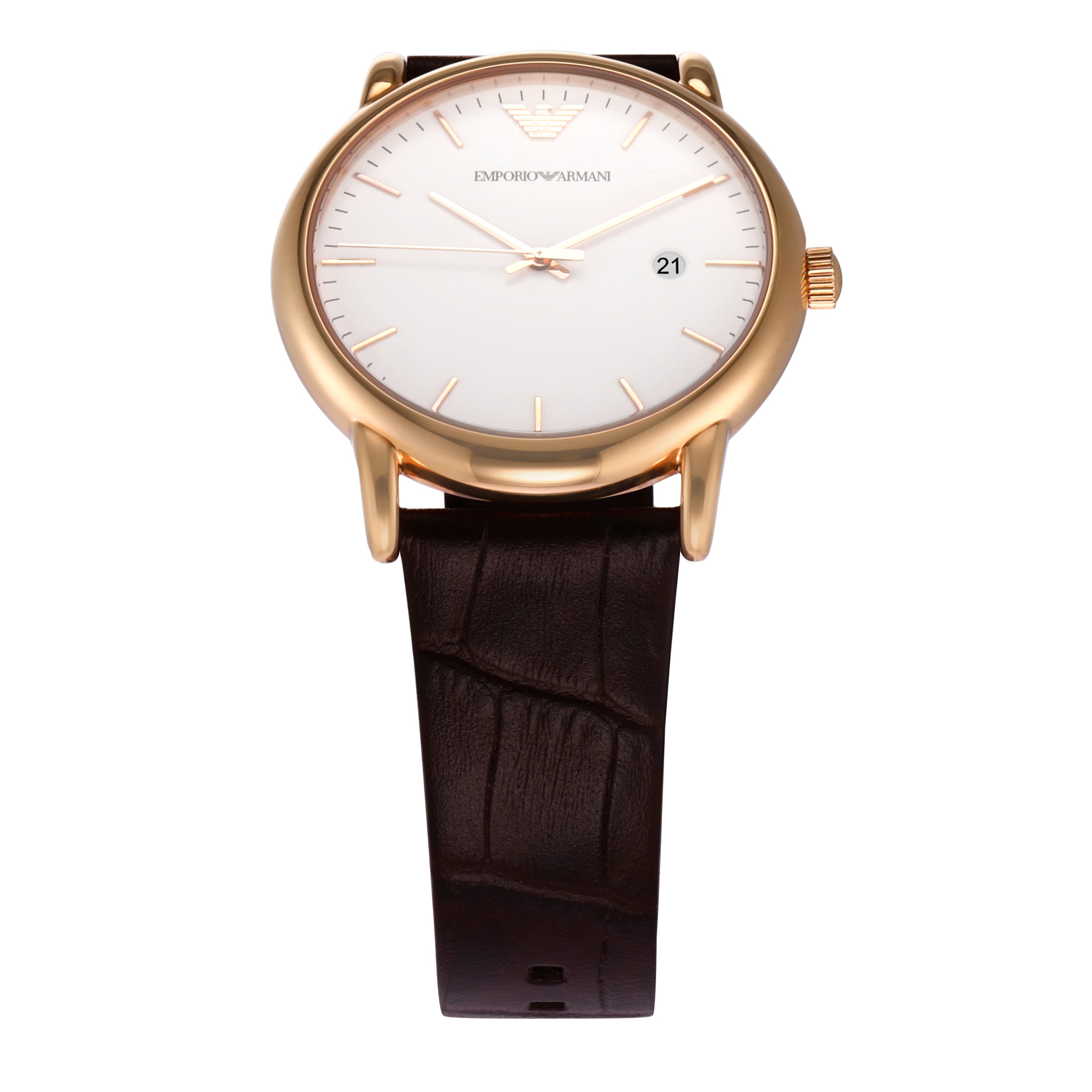 Elegant wristwatch with a rose gold case, white dial, and brown leather strap.