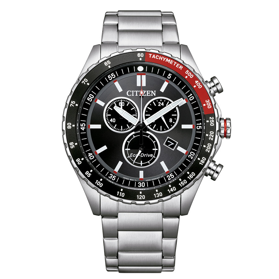 Citizen Chrono Sporty AT2566-88E men's watch black dial silver stainless steel bracelet clasp detail