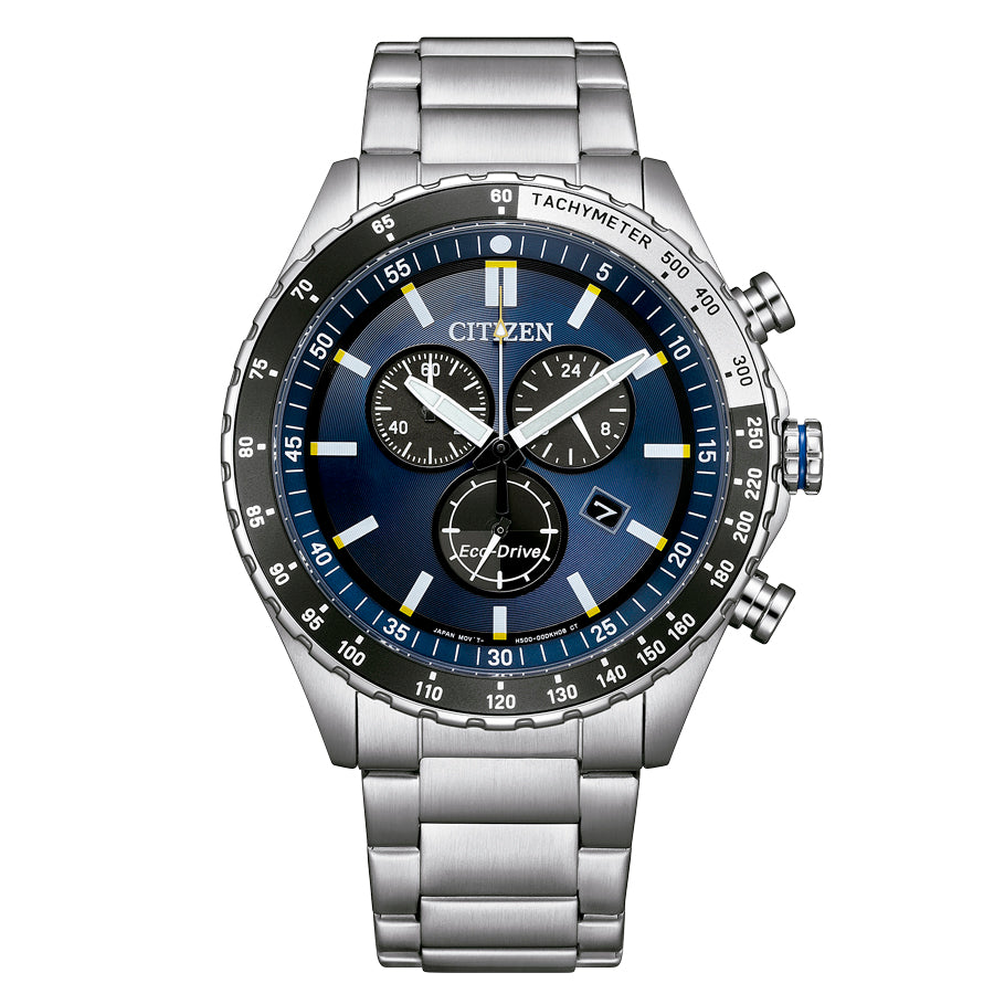 Citizen Chrono Sporty AT2569-80L men's watch blue dial silver stainless steel bracelet front view