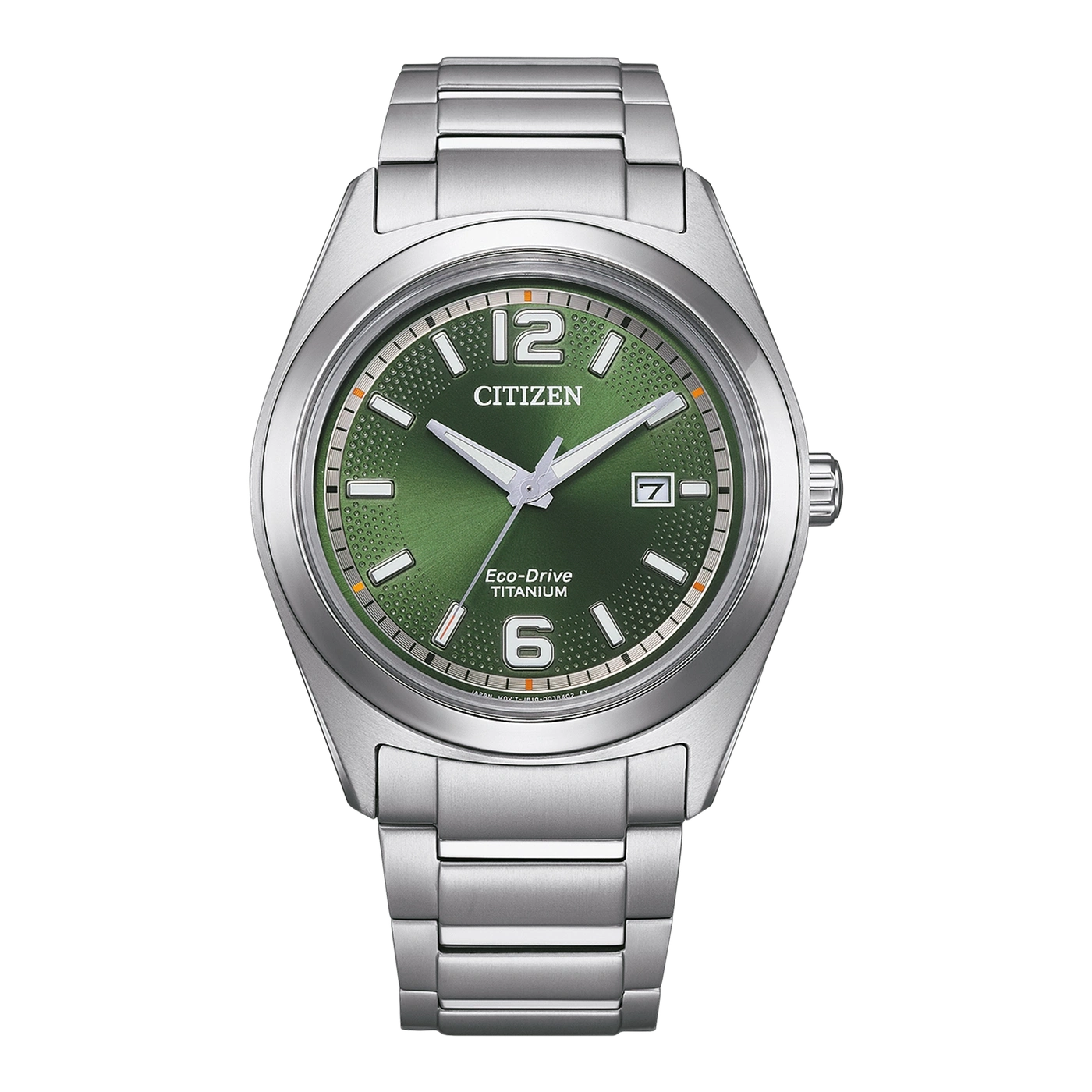 Citizen Super Titanium AW1641-81X men's watch green dial silver titanium bracelet front view