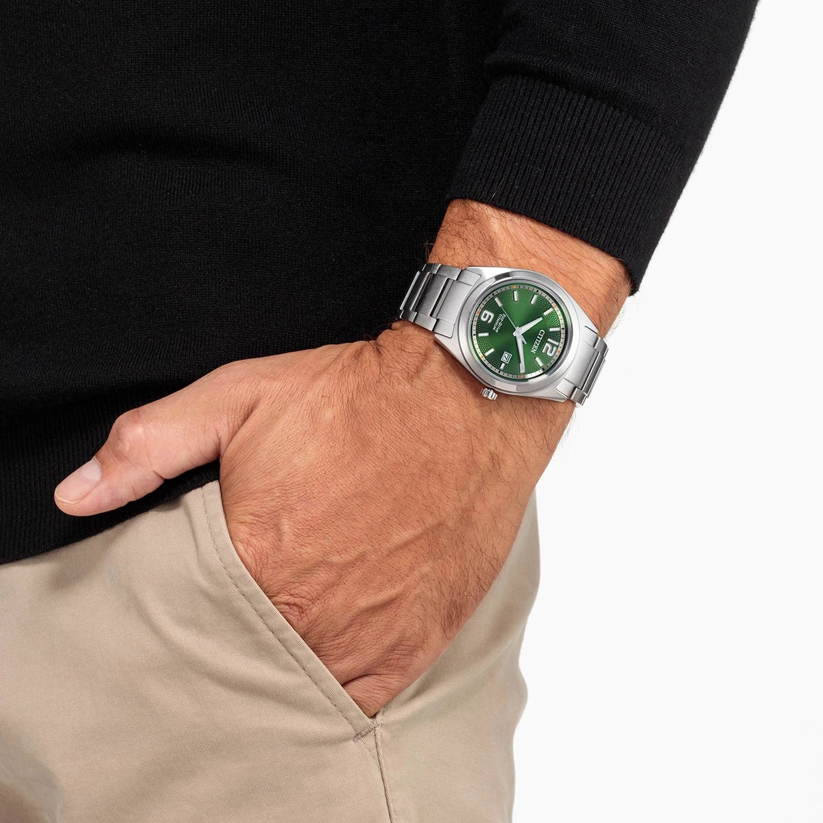 Citizen Super Titanium AW1641-81X men's watch green dial silver titanium bracelet wrist view