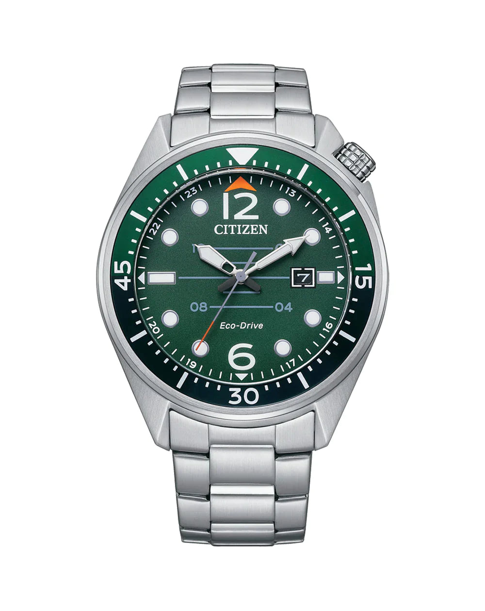 Stainless steel Citizen wristwatch with a green dial and bezel.