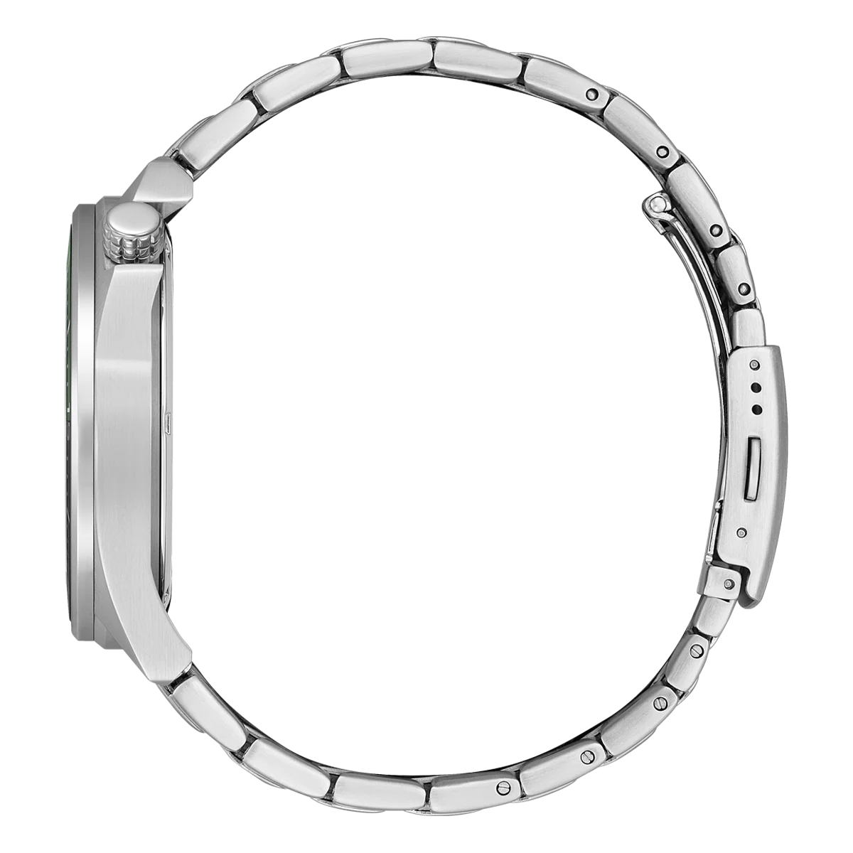 Silver wristwatch with a metal link band viewed from the side.