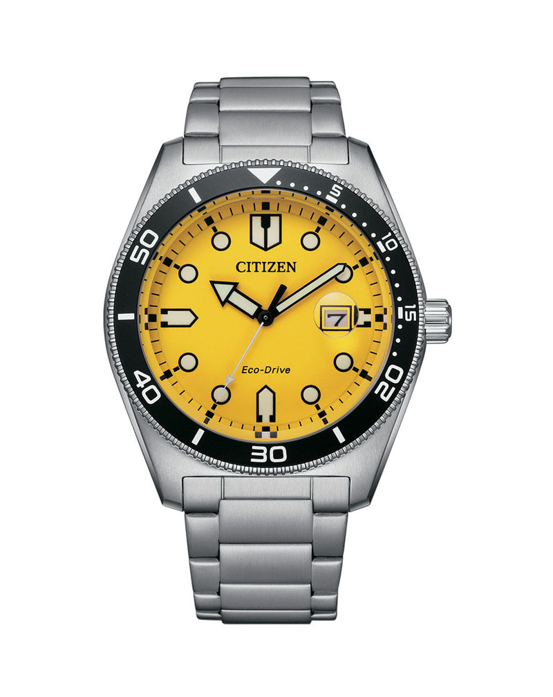 Citizen wristwatch with a yellow dial and stainless steel bracelet.