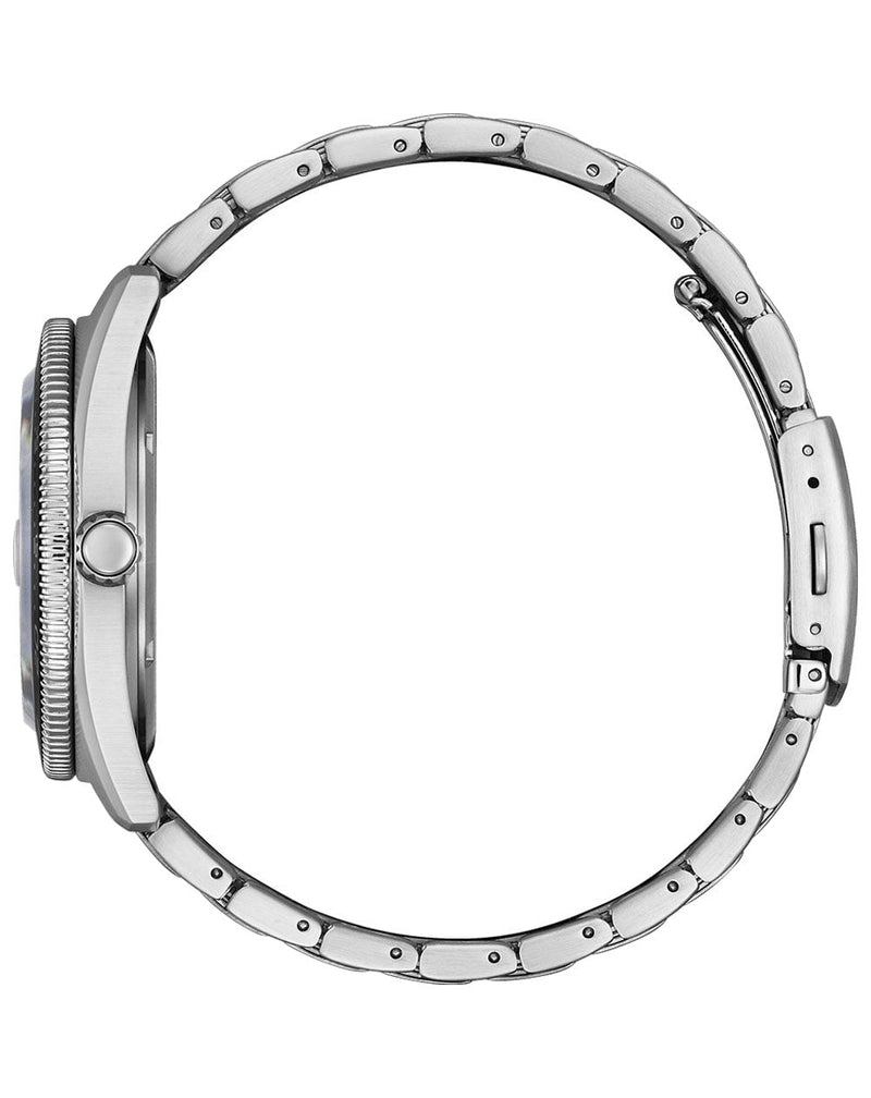 Stainless steel wristwatch with a metal link bracelet and round face.