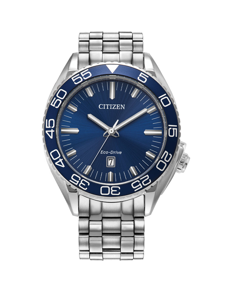 Stainless steel Citizen wristwatch with a blue dial and bezel.