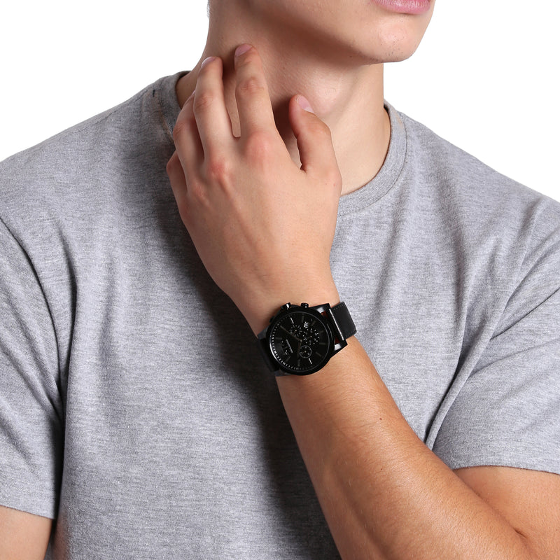 Armani Exchange 计时码表黑色皮革表带男式手表 AX2098