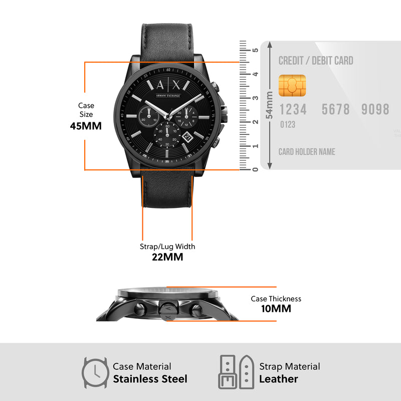 Armani Exchange 计时码表黑色皮革表带男式手表 AX2098