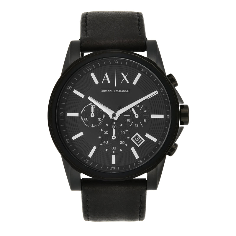 Armani Exchange 计时码表黑色皮革表带男式手表 AX2098