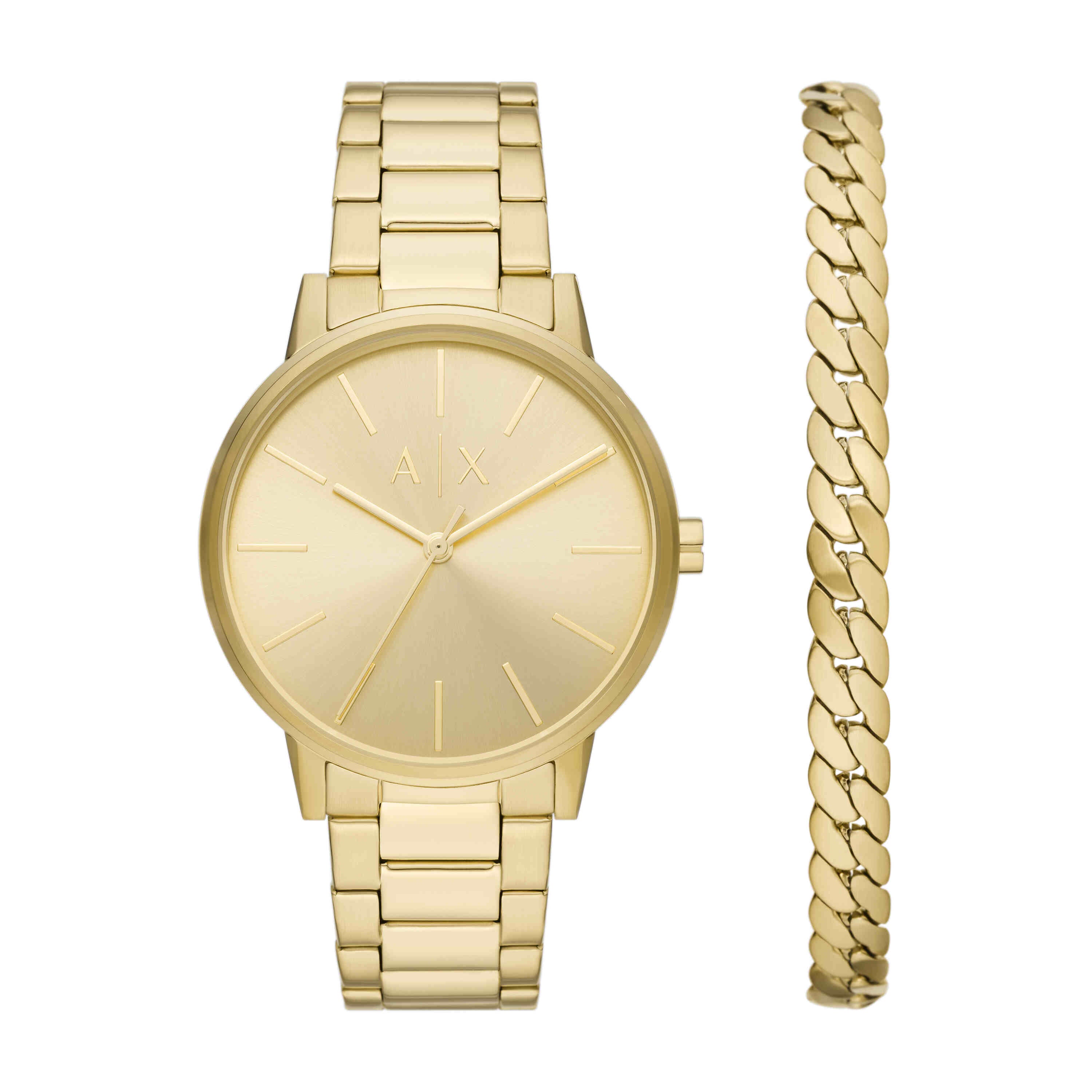 Armani Exchange Gold Tone Stainless Steel Watch and Gold Stainless Steel Bracelet Set AX7144SET
