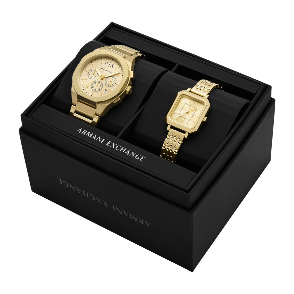 Armani Exchange Sync Chronograph Gold-Tone Stainless Steel Couples Watch Gift Set AX7171SET