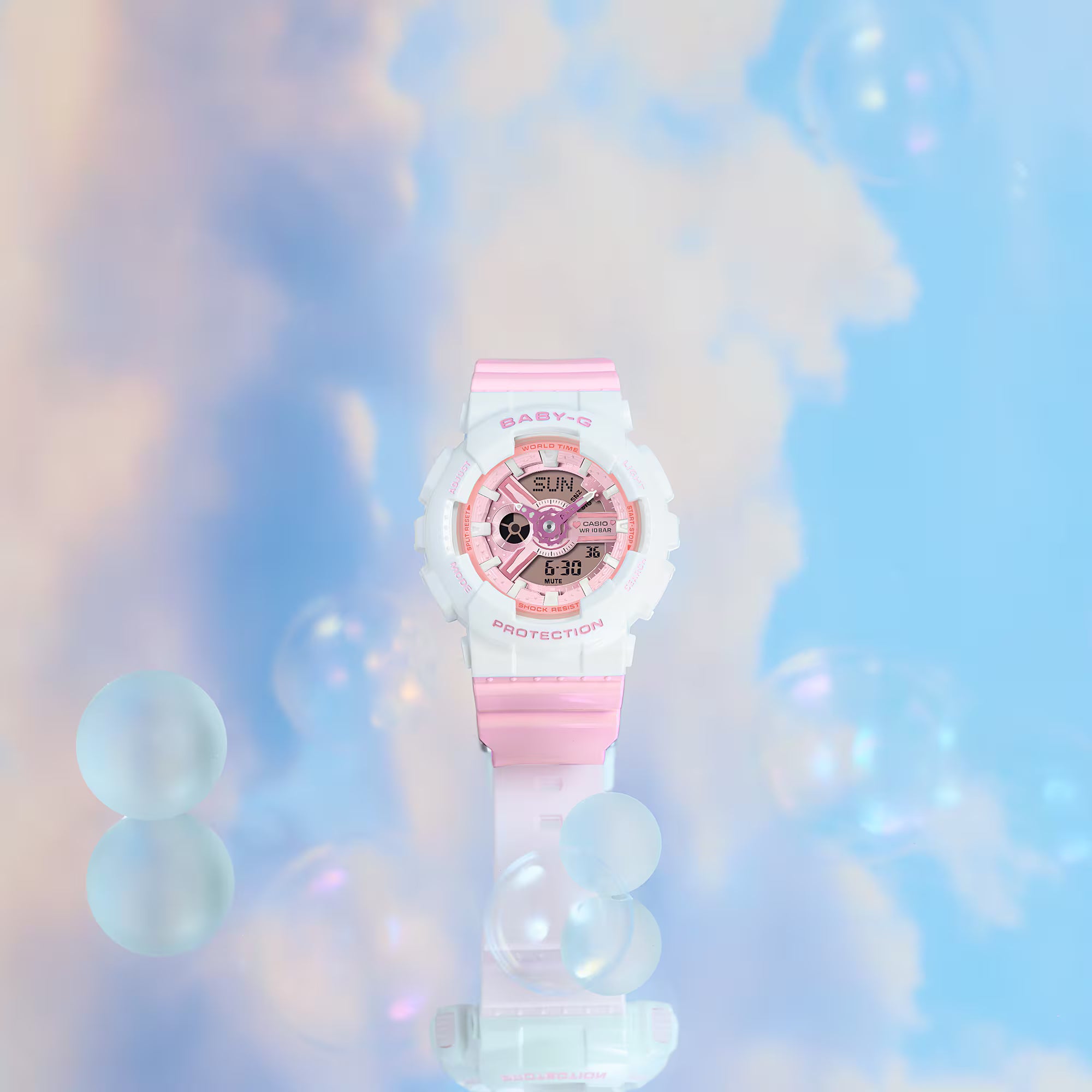 Baby-G Blue Dial Pink Resin Band Iridescent White Case Watch BA110PD-4A