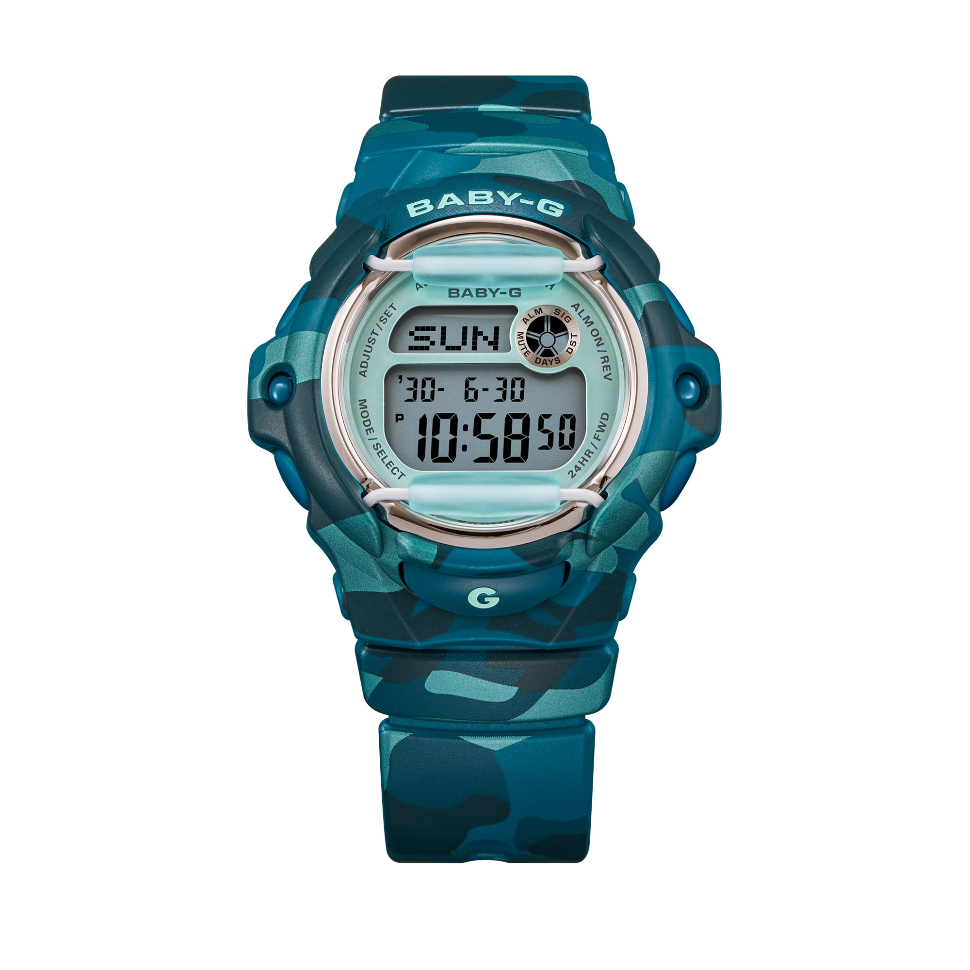 Front view of the Baby-G BG169CM-2D digital display.