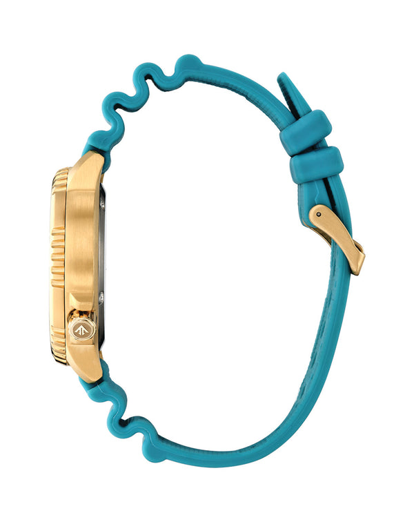 Wristwatch with a gold-colored case and turquoise rubber strap.