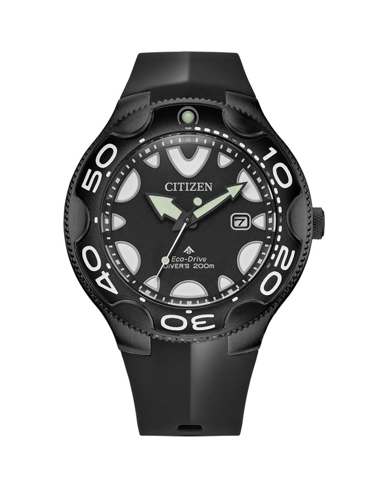 Black Citizen dive watch with a rubber strap and rotating bezel.