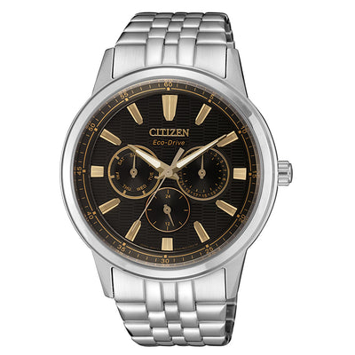 Stainless steel Citizen wristwatch with a black dial and gold accents.